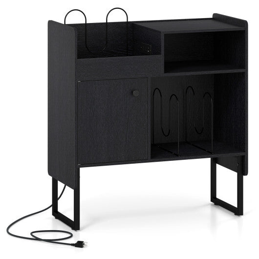 Record Player Stand with Power Outlets and Vinyl Storage Holder up to 250 Albums-Black