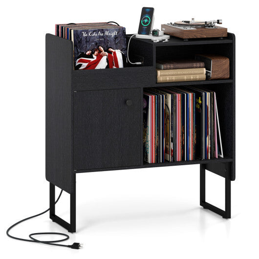 Record Player Stand with Power Outlets and Vinyl Storage Holder up to 250 Albums-Black