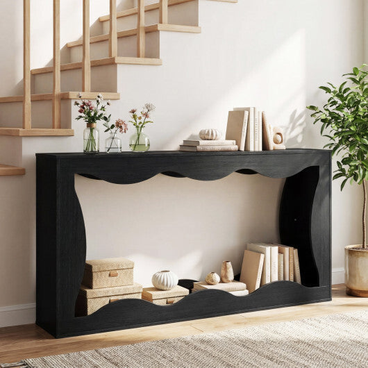 63 Inch Console Table 2-Tier Narrow Entryway Table with Wavy Edge Storage Shelf-Black LuxuryLifeWay Online Store