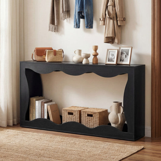 63 Inch Console Table 2-Tier Narrow Entryway Table with Wavy Edge Storage Shelf-Black LuxuryLifeWay Online Store