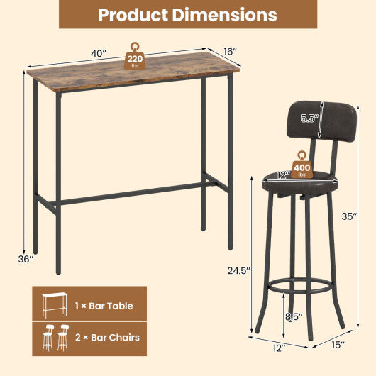 3-Piece Industrial Bar Table Set with 2 Upholstered Stools and Footrests for Dining Room-Rustic Brown LuxuryLifeWay Online Store