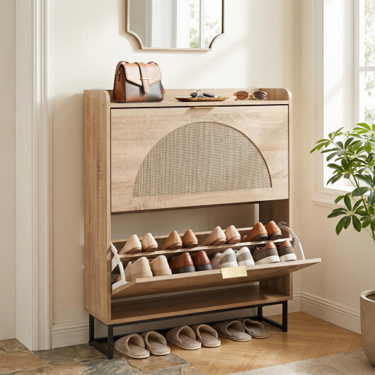 Narrow Shoe Storage Cabinet with 2 Flip Drawers and Adjustable Shelves-Natural LuxuryLifeWay Online Store