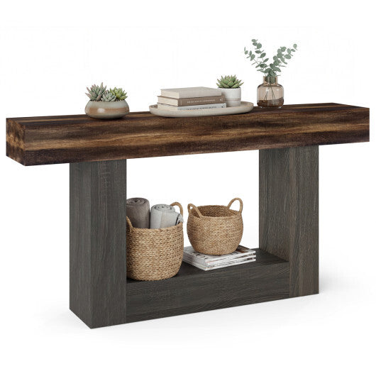 2-Tier Farmhouse Console Table 63" Long with Storage Shelf-Rustic Brown LuxuryLifeWay Online Store
