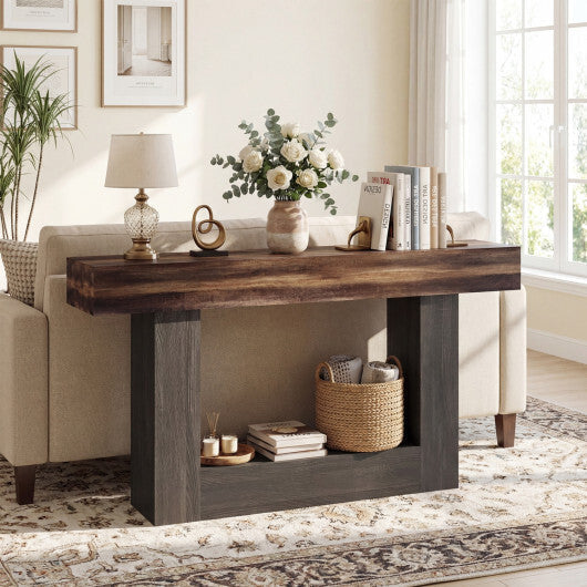 2-Tier Farmhouse Console Table 63" Long with Storage Shelf-Rustic Brown LuxuryLifeWay Online Store