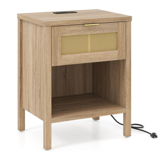 Rattan Nightstand with Charging Station and Storage Shelf for Bedroom-Oak LuxuryLifeWay Online Store
