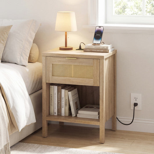 Rattan Nightstand with Charging Station and Storage Shelf for Bedroom-Oak LuxuryLifeWay Online Store