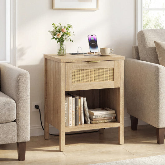 Rattan Nightstand with Charging Station and Storage Shelf for Bedroom-Oak LuxuryLifeWay Online Store