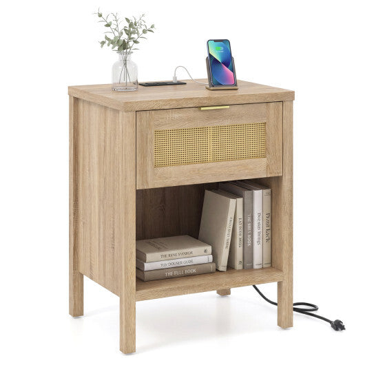 Rattan Nightstand with Charging Station and Storage Shelf for Bedroom-Oak LuxuryLifeWay Online Store