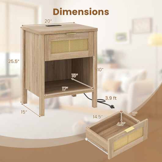 Rattan Nightstand with Charging Station and Storage Shelf for Bedroom-Oak LuxuryLifeWay Online Store