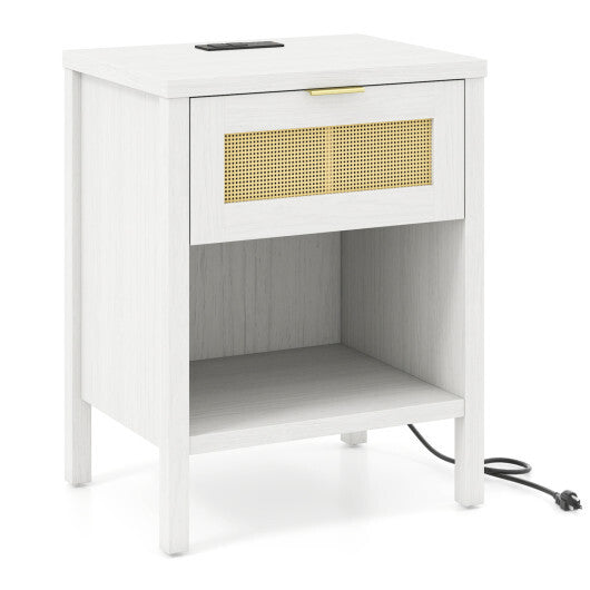 Rattan Nightstand with Charging Station and Storage Shelf for Bedroom-Oak LuxuryLifeWay Online Store