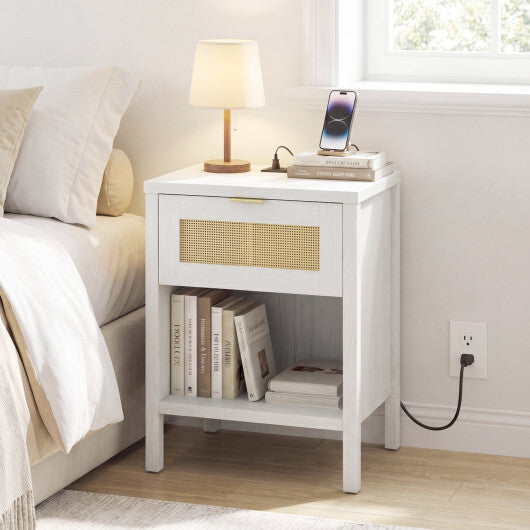 Rattan Nightstand with Charging Station and Storage Shelf for Bedroom-Oak LuxuryLifeWay Online Store