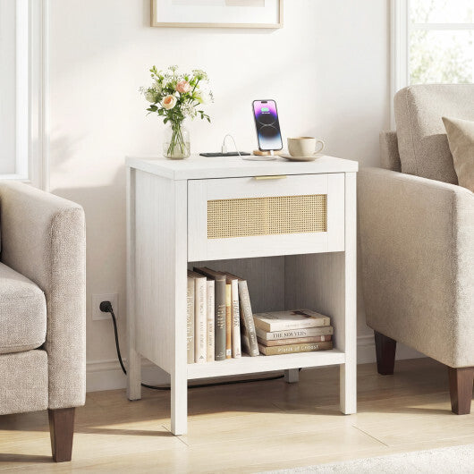 Rattan Nightstand with Charging Station and Storage Shelf for Bedroom-Oak LuxuryLifeWay Online Store
