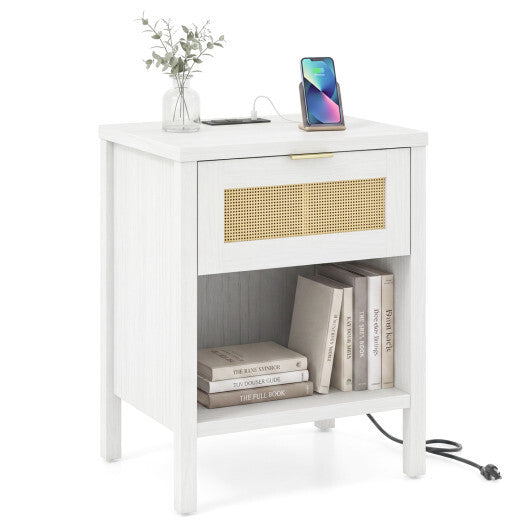 Rattan Nightstand with Charging Station and Storage Shelf for Bedroom-Oak LuxuryLifeWay Online Store