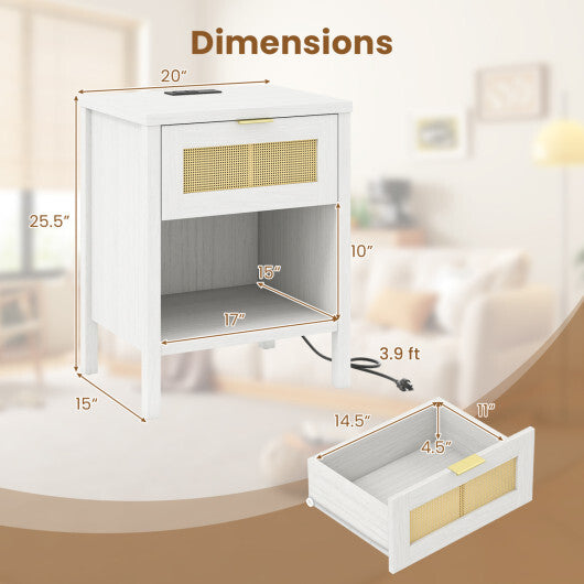 Rattan Nightstand with Charging Station and Storage Shelf for Bedroom-Oak LuxuryLifeWay Online Store
