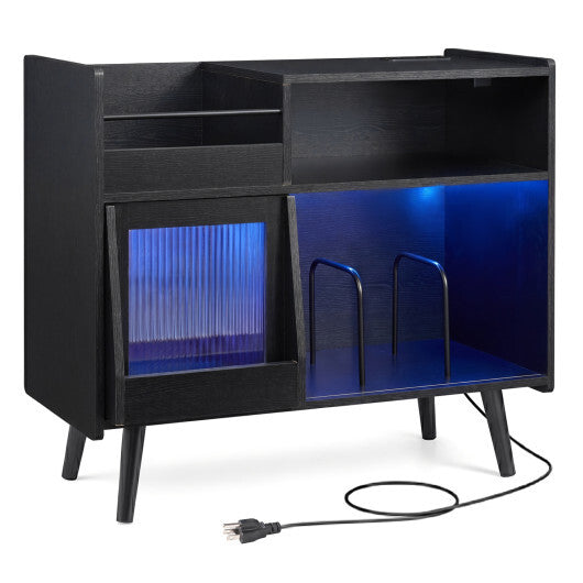 Record Player Stand with LED Light and Power Outlets-Black LuxuryLifeWay Online Store