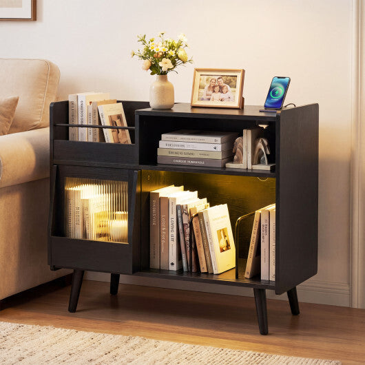 Record Player Stand with LED Light and Power Outlets-Black LuxuryLifeWay Online Store