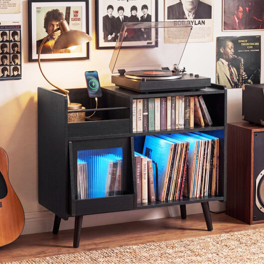 Record Player Stand with LED Light and Power Outlets-Black LuxuryLifeWay Online Store