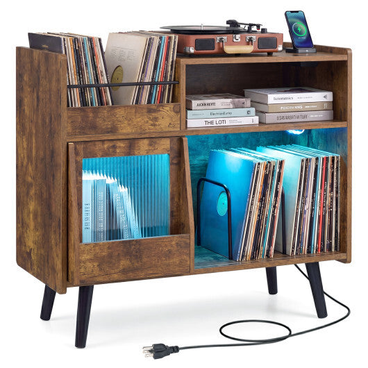 Record Player Stand with LED Light and Power Outlets-Black LuxuryLifeWay Online Store