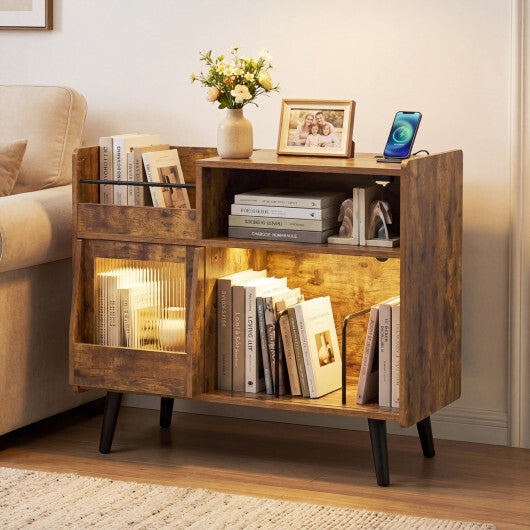 Record Player Stand with LED Light and Power Outlets-Black LuxuryLifeWay Online Store