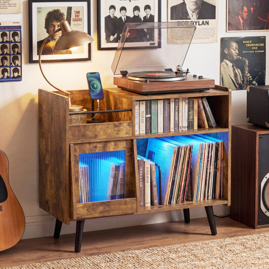Record Player Stand with LED Light and Power Outlets-Black LuxuryLifeWay Online Store