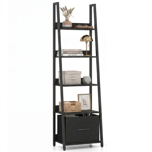 5-Tier Ladder Bookshelf with Fabric Drawer for Living Room and Home Office-Black LuxuryLifeWay Online Store