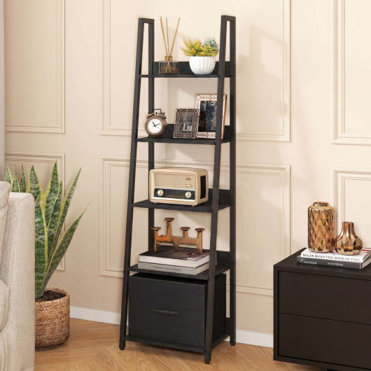 5-Tier Ladder Bookshelf with Fabric Drawer for Living Room and Home Office-Black LuxuryLifeWay Online Store