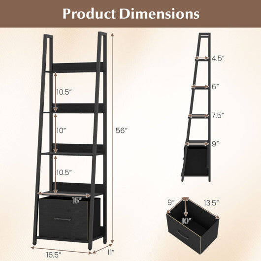 5-Tier Ladder Bookshelf with Fabric Drawer for Living Room and Home Office-Black LuxuryLifeWay Online Store