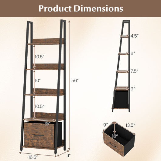 5-Tier Ladder Bookshelf with Fabric Drawer for Living Room and Home Office-Black LuxuryLifeWay Online Store