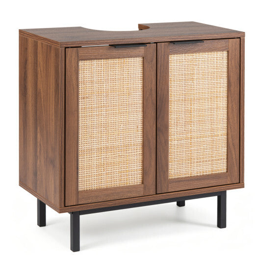 Bathroom Vanity Cabinet with U-Shaped Cut-Out 2 Rattan Doors and Shelf-Brown LuxuryLifeWay Online Store