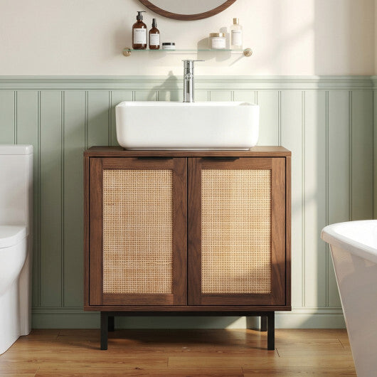 Bathroom Vanity Cabinet with U-Shaped Cut-Out 2 Rattan Doors and Shelf-Brown LuxuryLifeWay Online Store