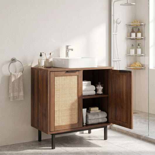 Bathroom Vanity Cabinet with U-Shaped Cut-Out 2 Rattan Doors and Shelf-Brown LuxuryLifeWay Online Store