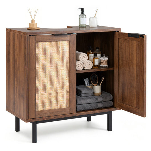 Bathroom Vanity Cabinet with U-Shaped Cut-Out 2 Rattan Doors and Shelf-Brown LuxuryLifeWay Online Store