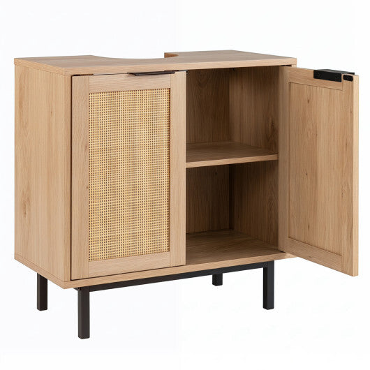 Bathroom Vanity Cabinet with U-Shaped Cut-Out 2 Rattan Doors and Shelf-Brown LuxuryLifeWay Online Store