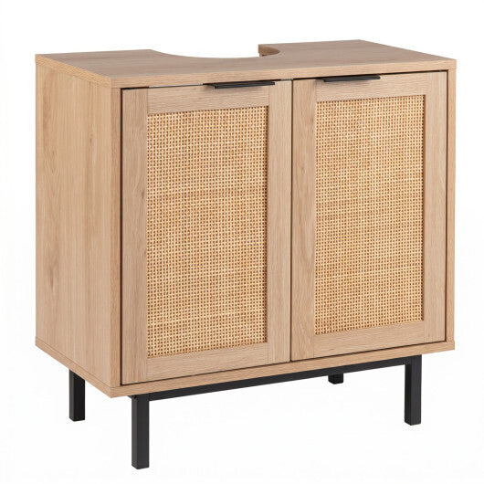 Bathroom Vanity Cabinet with U-Shaped Cut-Out 2 Rattan Doors and Shelf-Brown LuxuryLifeWay Online Store