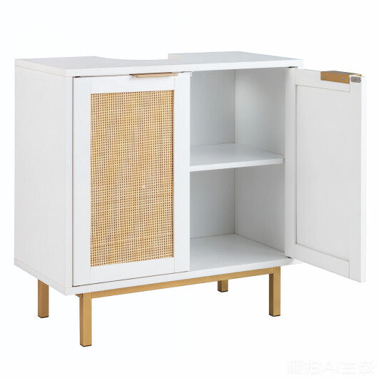 Bathroom Vanity Cabinet with U-Shaped Cut-Out 2 Rattan Doors and Shelf-Brown LuxuryLifeWay Online Store