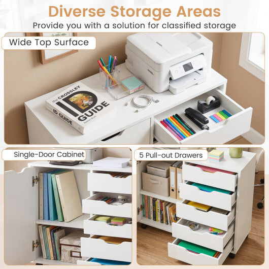 5 Drawer Storage Cabinet on Wheels with Adjustable Shelf-White LuxuryLifeWay Online Store