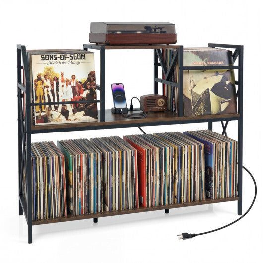 Record Player Stand with Power Outlets and Vinyl Storage and Dividers for Albums-Rustic Brown LuxuryLifeWay Online Store