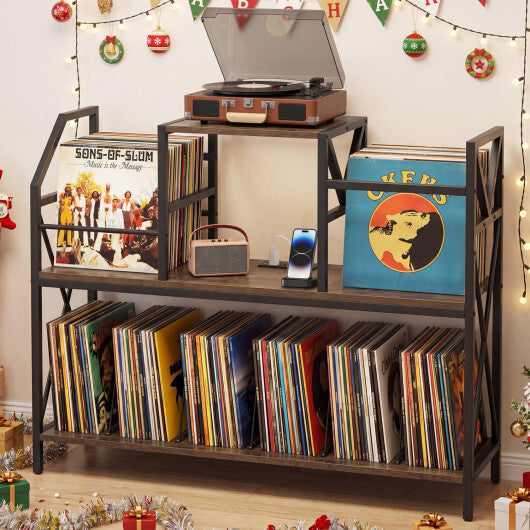 Record Player Stand with Power Outlets and Vinyl Storage and Dividers for Albums-Rustic Brown LuxuryLifeWay Online Store
