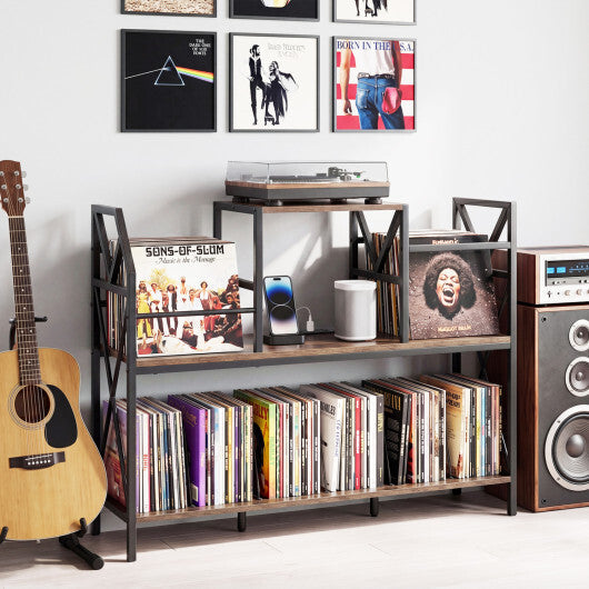 Record Player Stand with Power Outlets and Vinyl Storage and Dividers for Albums-Rustic Brown LuxuryLifeWay Online Store