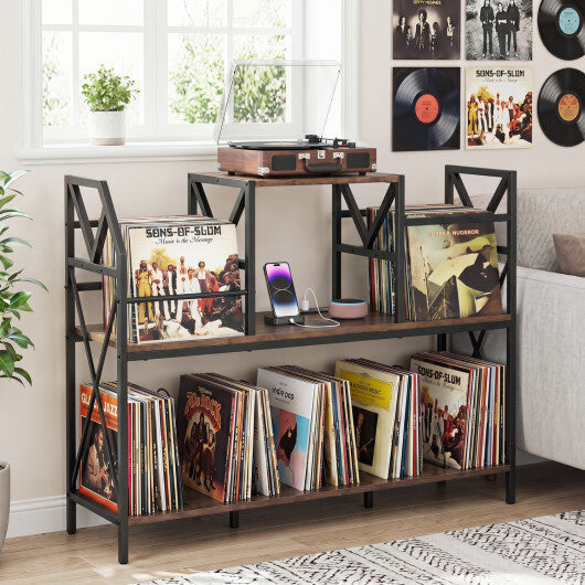 Record Player Stand with Power Outlets and Vinyl Storage and Dividers for Albums-Rustic Brown LuxuryLifeWay Online Store