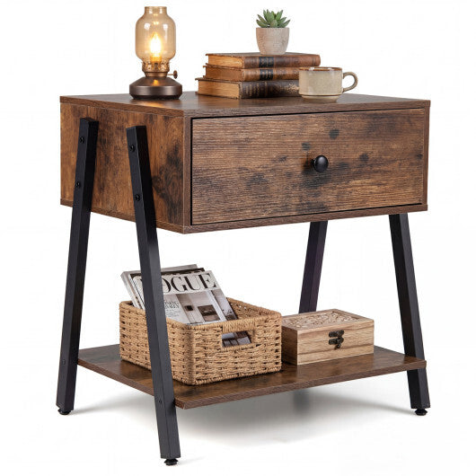 Industrial Nightstand with Drawer and Adjustable Foot Pads for Bedroom-Rustic Brown LuxuryLifeWay Online Store