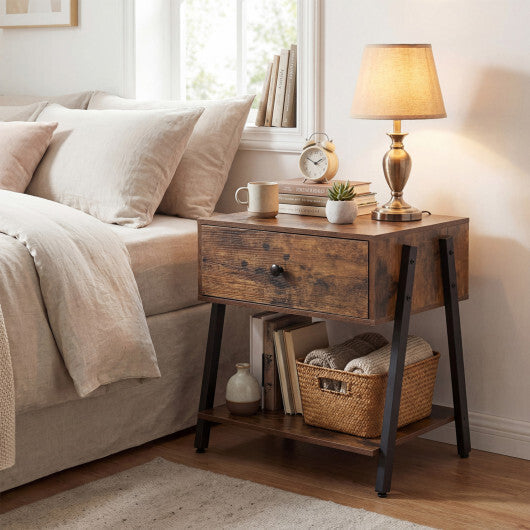 Industrial Nightstand with Drawer and Adjustable Foot Pads for Bedroom-Rustic Brown LuxuryLifeWay Online Store
