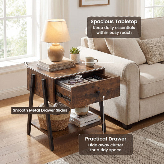 Set of 2 Industrial Nightstand with Adjustable Foot Pads for Bedroom-Rustic Brown