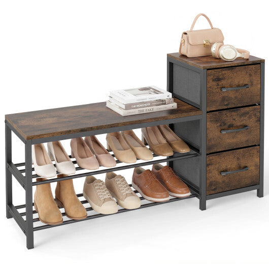 3-Tier Industrial Shoe Bench with 3 Removable Fabric Drawers and Anti-toppling Kits-Rustic Brown LuxuryLifeWay Online Store
