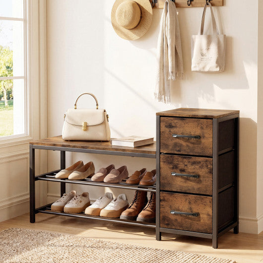 3-Tier Industrial Shoe Bench with 3 Removable Fabric Drawers and Anti-toppling Kits-Rustic Brown LuxuryLifeWay Online Store