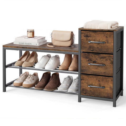 3-Tier Industrial Shoe Bench with 3 Removable Fabric Drawers and Anti-toppling Kits-Rustic Brown LuxuryLifeWay Online Store