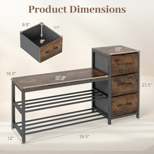 3-Tier Industrial Shoe Bench with 3 Removable Fabric Drawers and Anti-toppling Kits-Rustic Brown LuxuryLifeWay Online Store