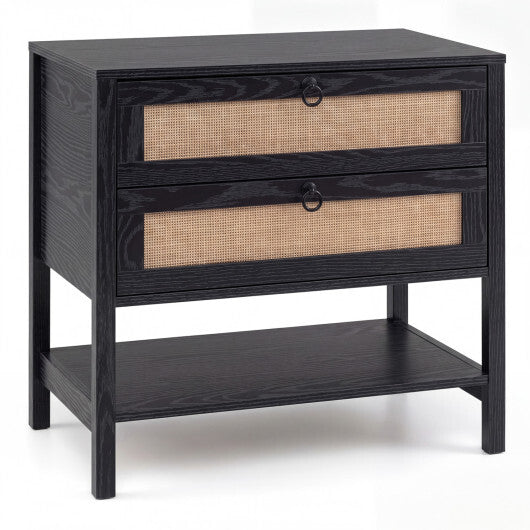 Boho Rattan Nightstand with 2 Drawers and Bottom Open Shelf-Black LuxuryLifeWay Online Store