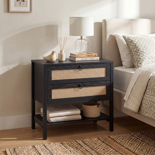 Boho Rattan Nightstand with 2 Drawers and Bottom Open Shelf-Black LuxuryLifeWay Online Store