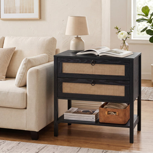 Boho Rattan Nightstand with 2 Drawers and Bottom Open Shelf-Black LuxuryLifeWay Online Store